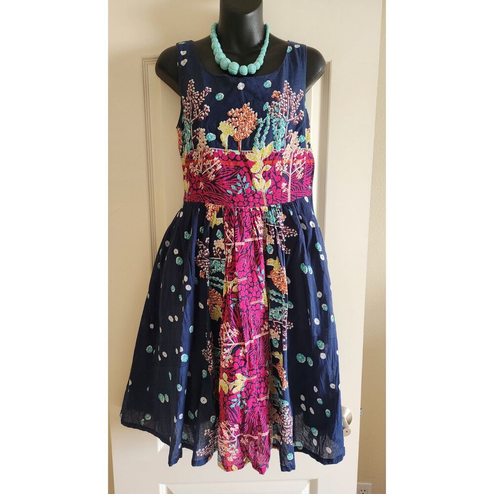 Frock Shop Blue Fuchsia Retired Seattle Cotton Floral Sleeveless Flare Dress Sz
